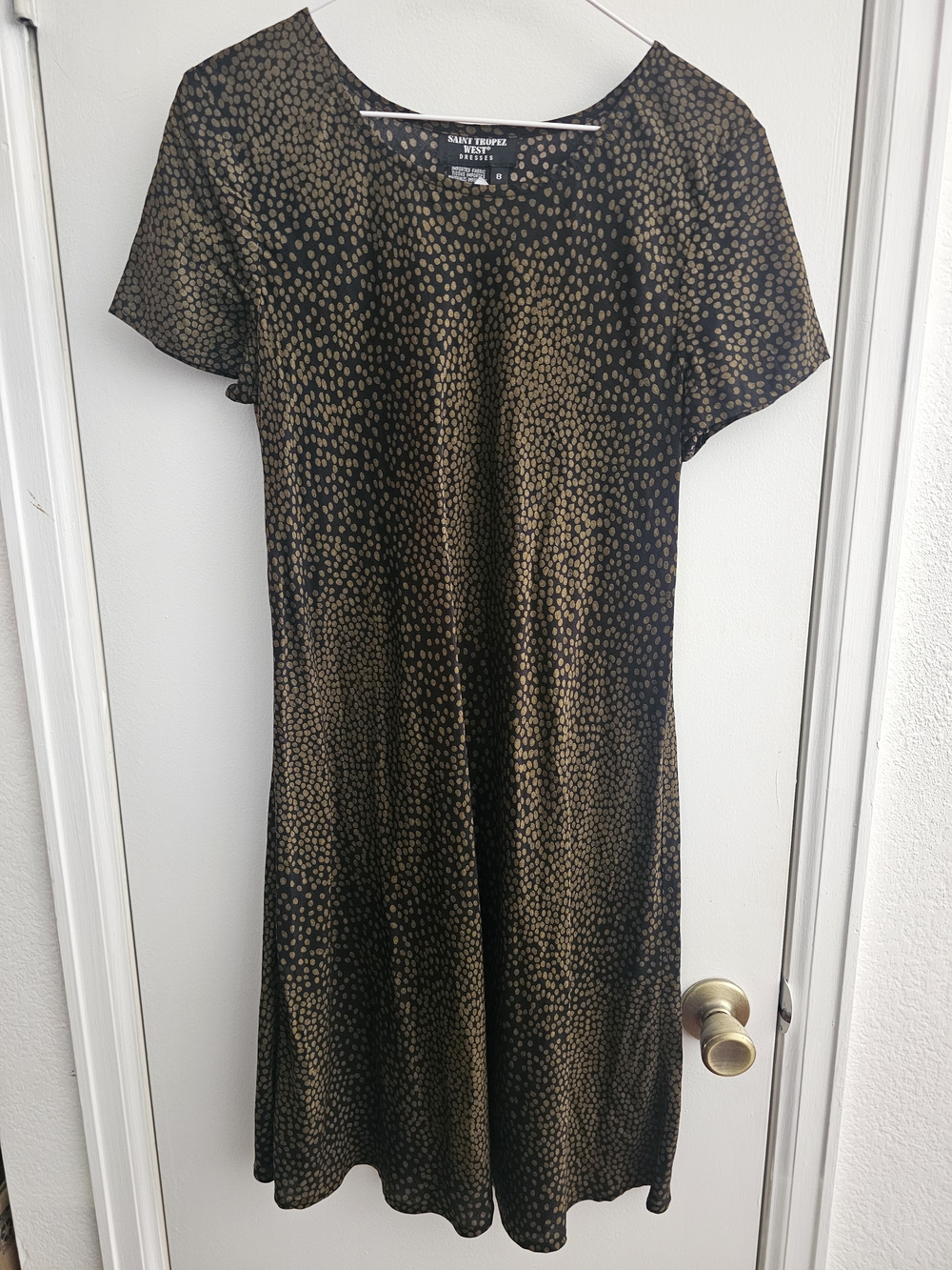 Saint Tropez West Black and Gold Metallic Dot Rayon Midi Dress